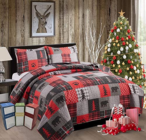 Jarson 3-Piece Lodge Bedspreads Full/Queen Size Moose Bear Quilt Set Reversible Cabin Rustic Coverlet Bedding Set For All Season（Red, 1 Quilt + 2 Pillow Shams） #TOP1