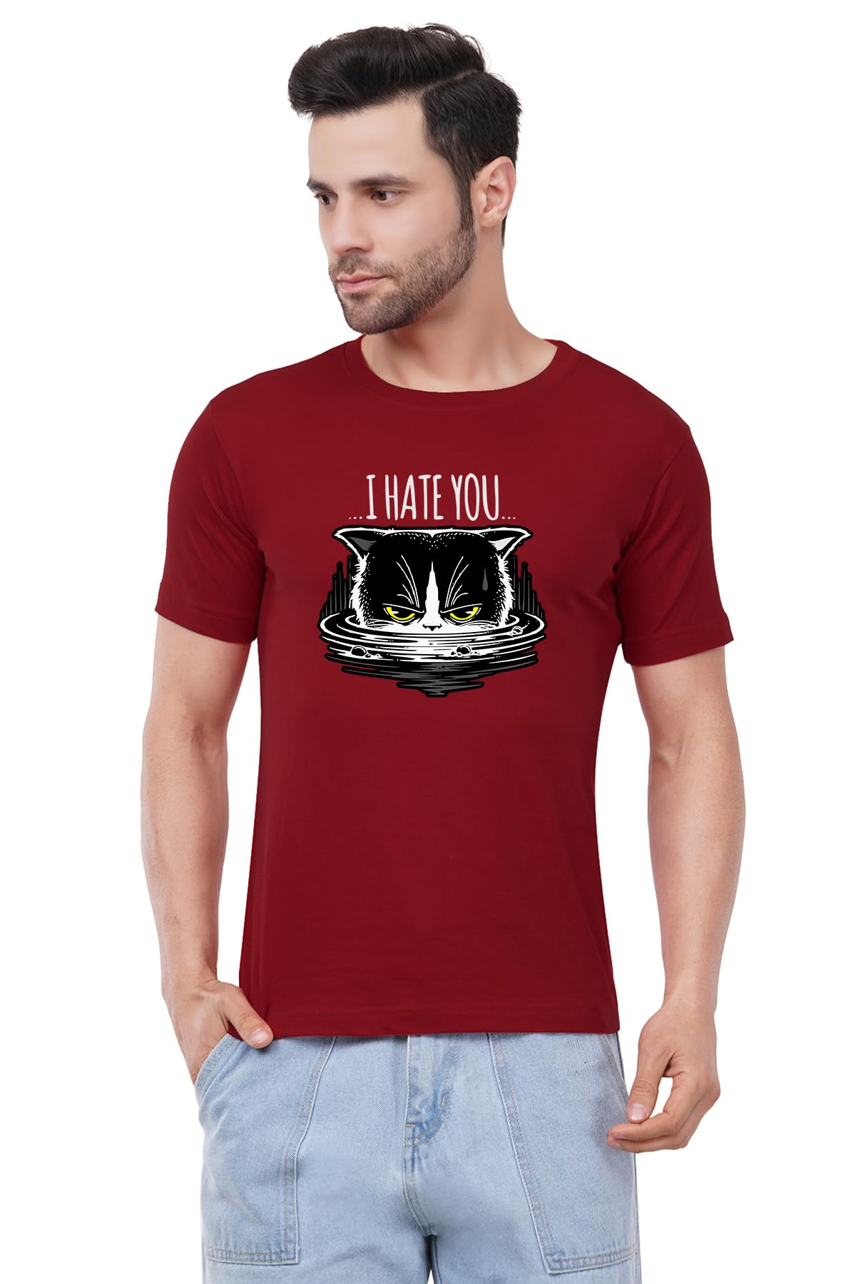 caseria Men's Cotton Printed T-Shirt -Cat I Hate You | 100% Cotton | Half Sleeves | Regular Fit | Printed | Round Neck | Graphic T Shirt-picture-23