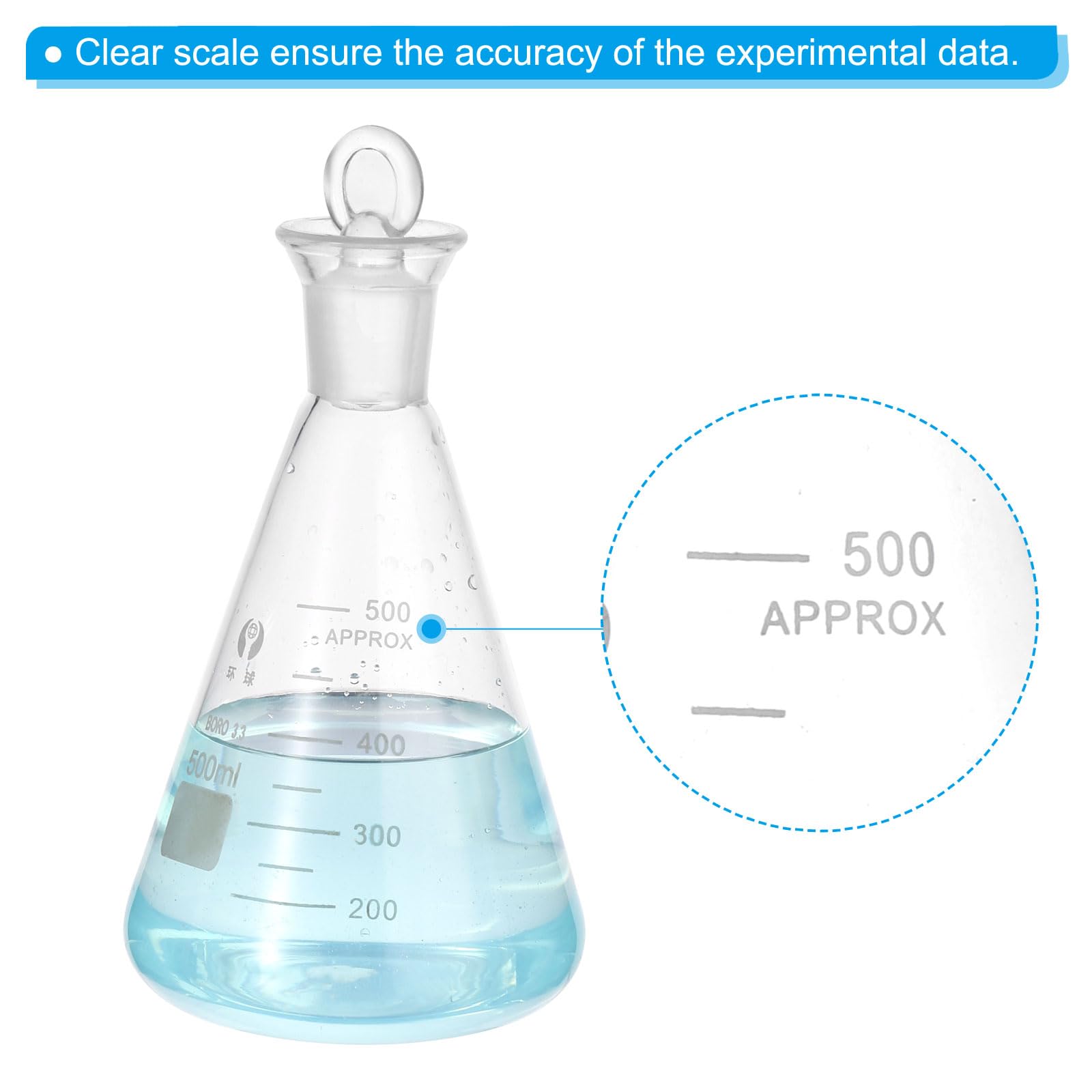 PATIKIL Pallone Di Erlenmeyer 2 Pezzi 500ml 16.9oz Bocca Stretta Con Tappo In Vetro Palloni Graduati In Vetro Borosilicato Con misura Stampata Per Esperimenti Di Chimica Scienza