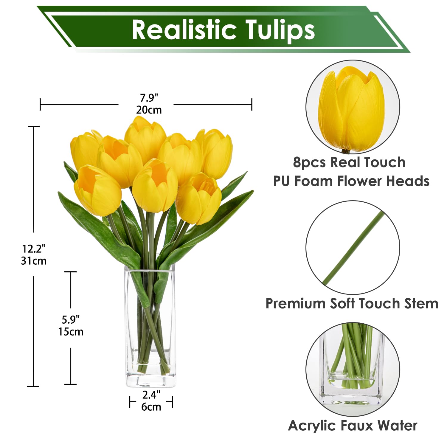 Amazon.com: Briful 假花人造鬱金香花透明花瓶黃色真觸感泡沫鬱金香佈置適合家庭辦公室裝飾餐桌中心: 居家與廚房
