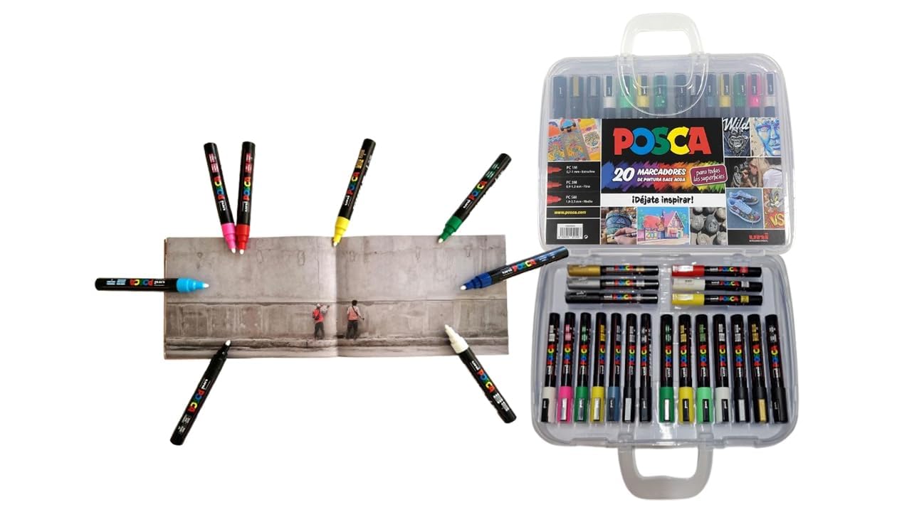 Maletín Posca 20 Rotuladores de Colores + Libro de Dibujo 40 Páginas - Rotuladores a Base de Agua Multisuperficie - Set Creativo