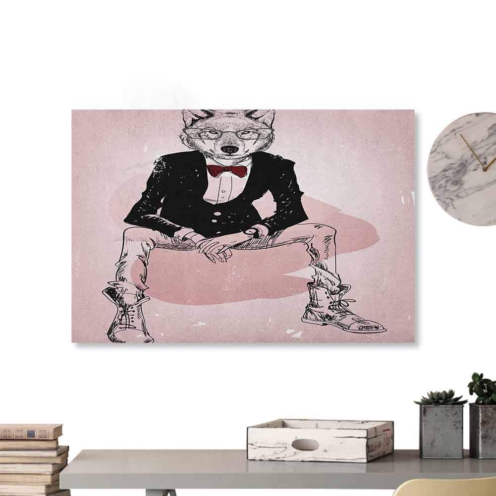 dsdsgog Canvas Prints Indie,Hipster Portrait of Sitting Wild Wolf with Glasses Smart Casual Outfit, Baby Pink Black Burgundy 36"x24" Home Decorations Modern Stretched and Artwork