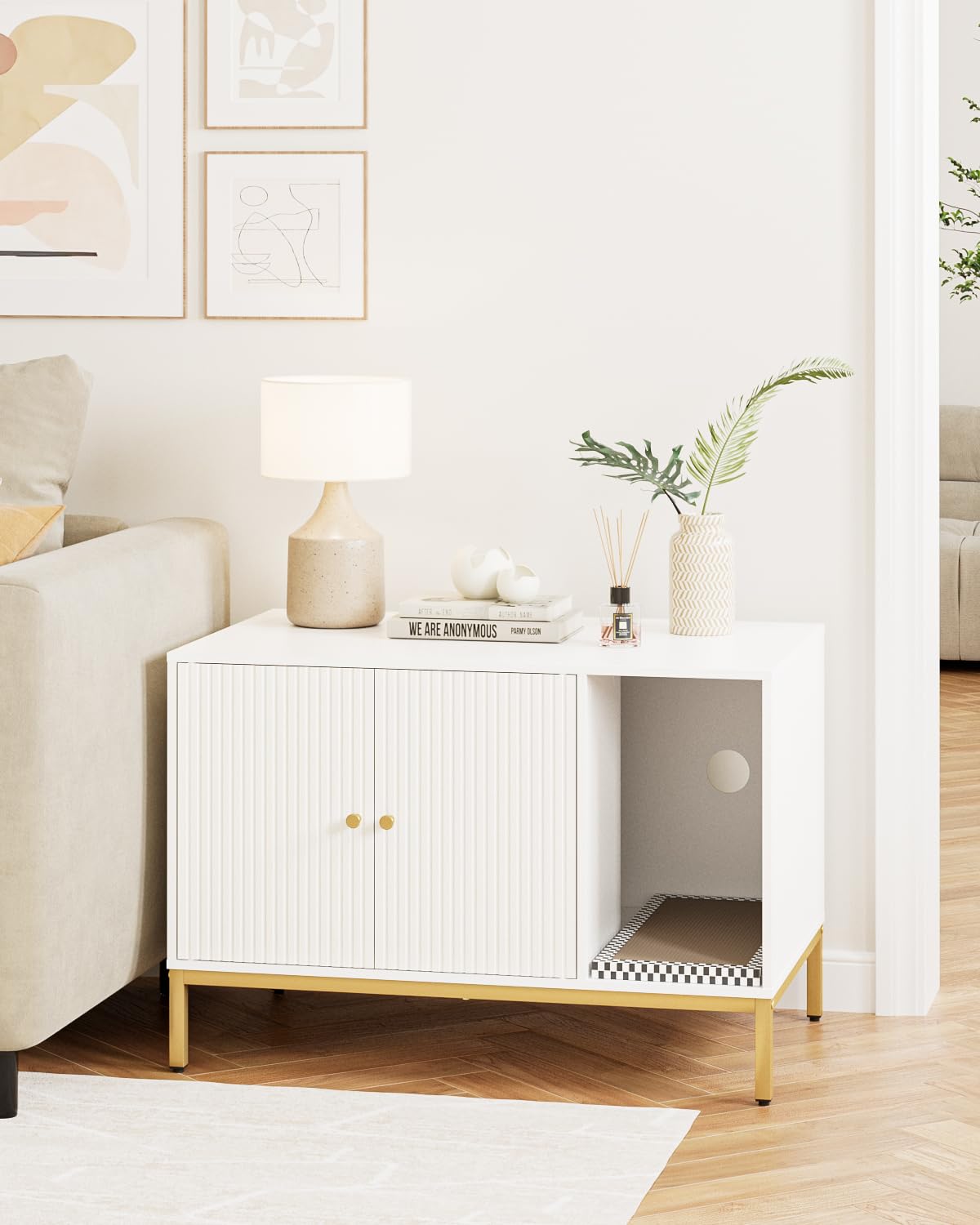 Cat Litter Box Enclosure, Modern Hidden Litter Box Furniture with Scratching Pad, Wooden Cat House Cabinet with Gold Metal Legs, Fit Most of Litter Box,White and Gold - image 6