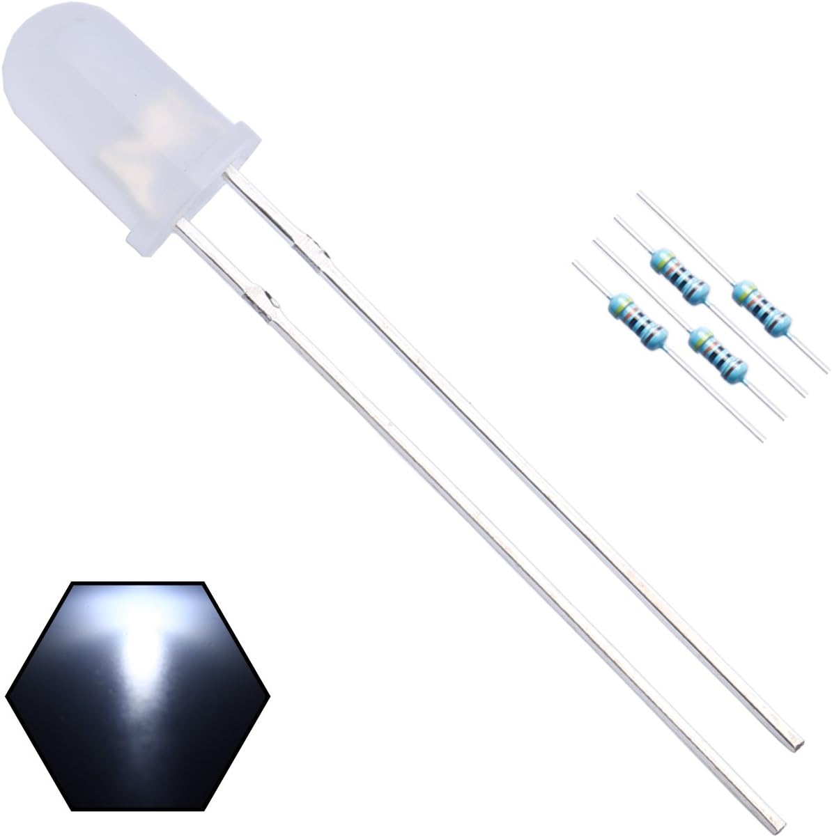 100pcs 5mm White Blinking Diffused LED Diodes 1.5Hz Flash (Single Color Flashing) Round Lens 29mm Lead DC 3V Blink Bulb Lamp Light Emitting Diode +100pcs Resistors 430ohm for DC 6-12V Included