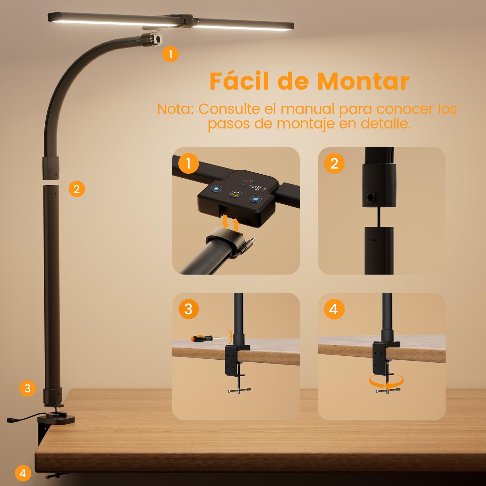 Lámpara de escritorio de doble cabeza LED, 24W 76CM Lámpara de escritorio con pinza para oficina en casa, 3200K-6500K Lámpara de cuello de cisne para oficina, lámpara de mesa para protección