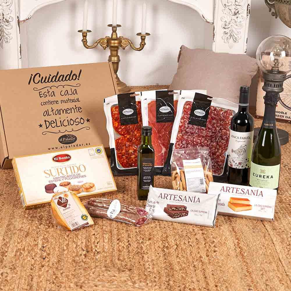 Cestas de Navidad y Lotes Gourmet | Lote Empresa 050-25 / con vino ecológico, cava Brut Nature, ibéricos, queso curado, aceite virgen extra y dulces artesanos en caja regalo empresa
