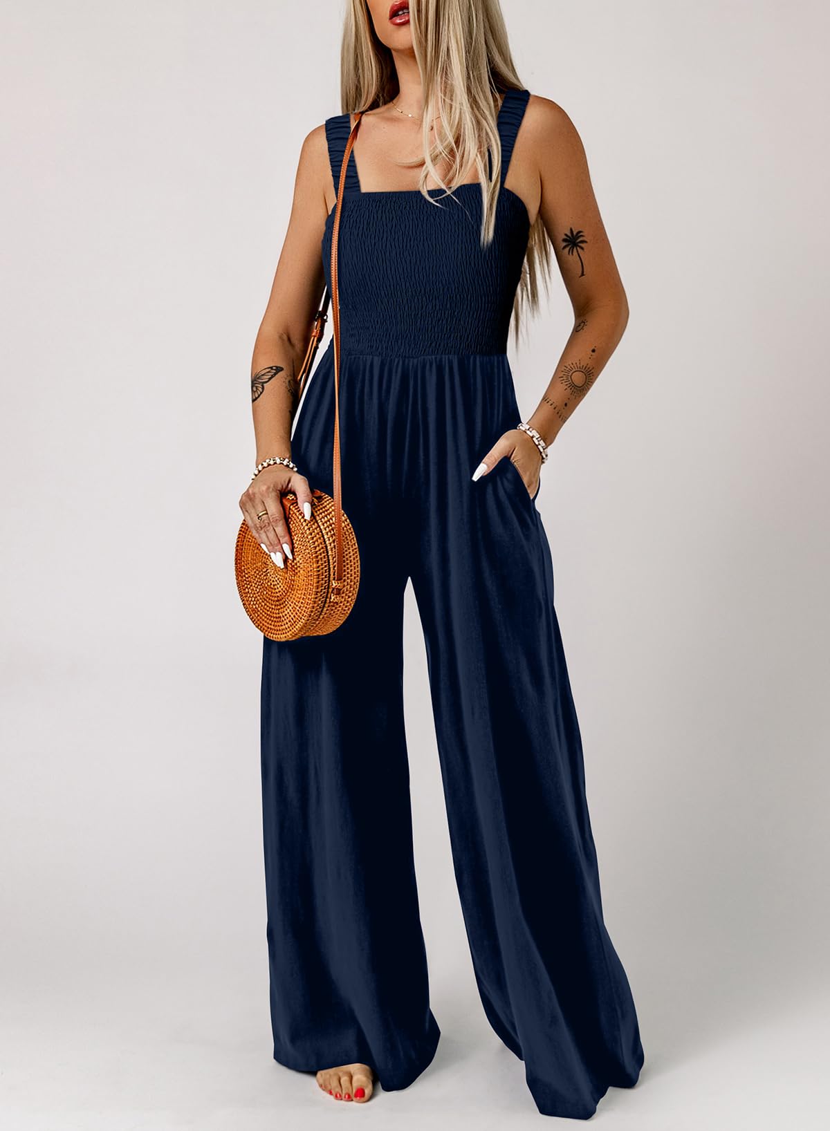 Dokotoo Jumpsuit Damen Sommer Latzhose Casual Lose Overalls Weites Bein Lang Romper mit Taschen S-2XL