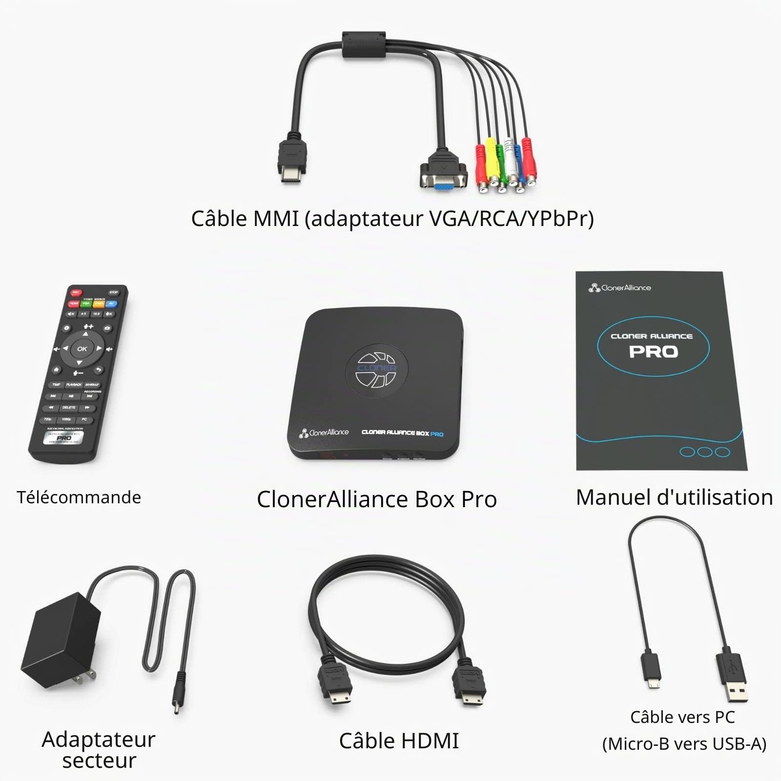 ClonerAlliance Box Pro, enregistreur vidéo 1080p@60fps, DVR avec Capture HDMI, Lecture sur TV. Convertisseur RCA/YPbPr/VGA vers numérique. Aucun Ordinateur requis. Prend en Charge PVR/OTA.