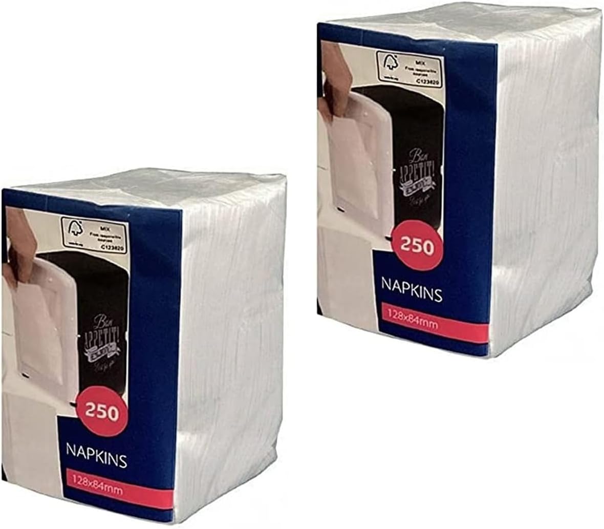 Cellulose Napkins White 1/8 Fold, Tissue Napkins 12 x 8.5 cm, for Bistro | Snack | Food Gastro | Tissue Catering - Compatible with Cabanaz Dispenser (2 x 250 Pieces (White, a Bit Thicker))