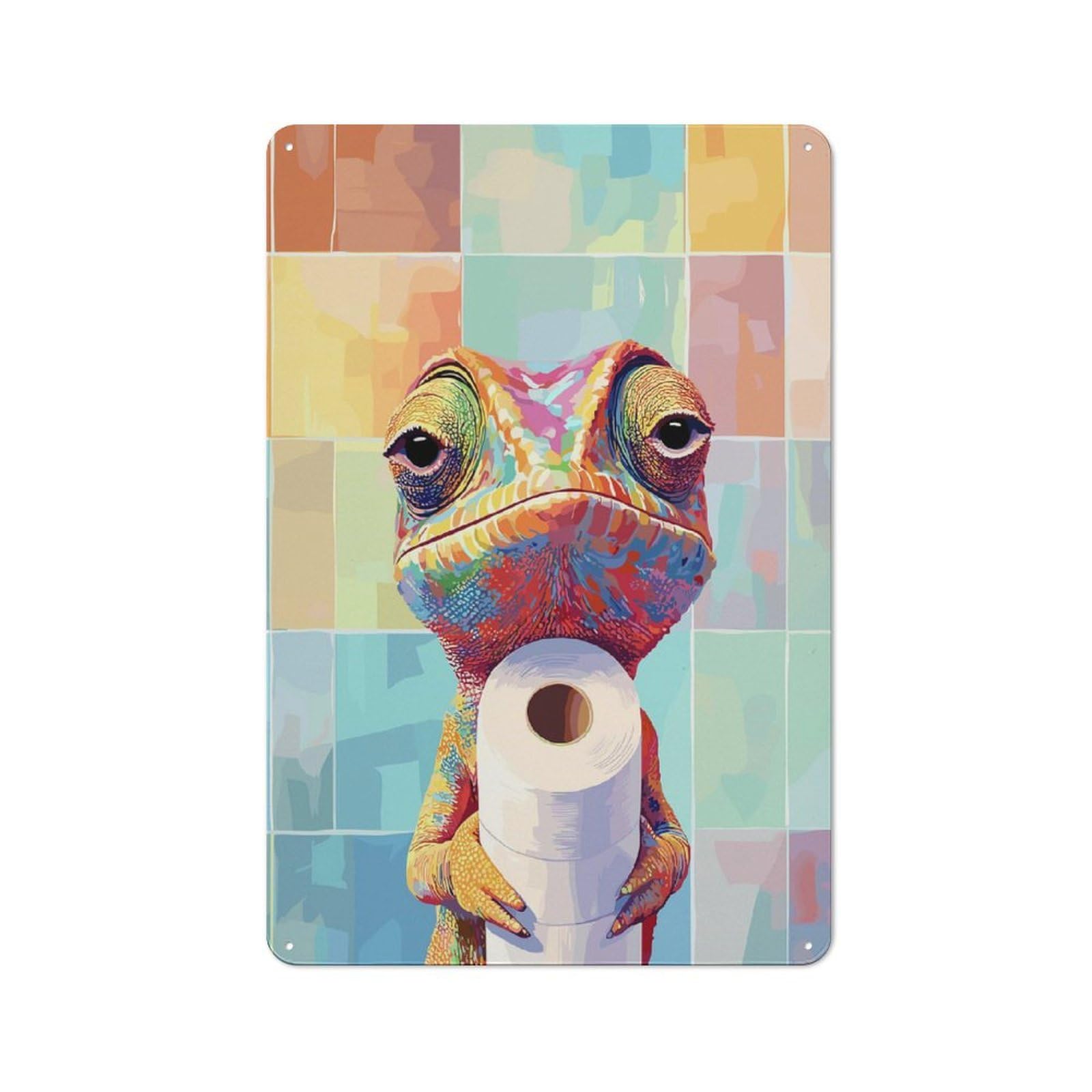Junmoney Style-3 Colorful Chameleon Holding Toilet Paper Metal Wall Sign 30X20cm, Retro Decor For Workshop Wall, For Garage, Workshop And Man Cave Decoration