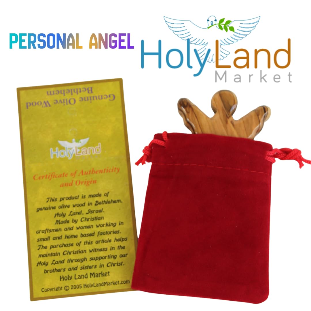 Holy Land Market Ange gardien en bois d'olivier sculpté à la main de Bethléem, figurine religieuse de 6,3 cm avec pochette en velours rouge et certificat d'authenticité (10 ensembles)