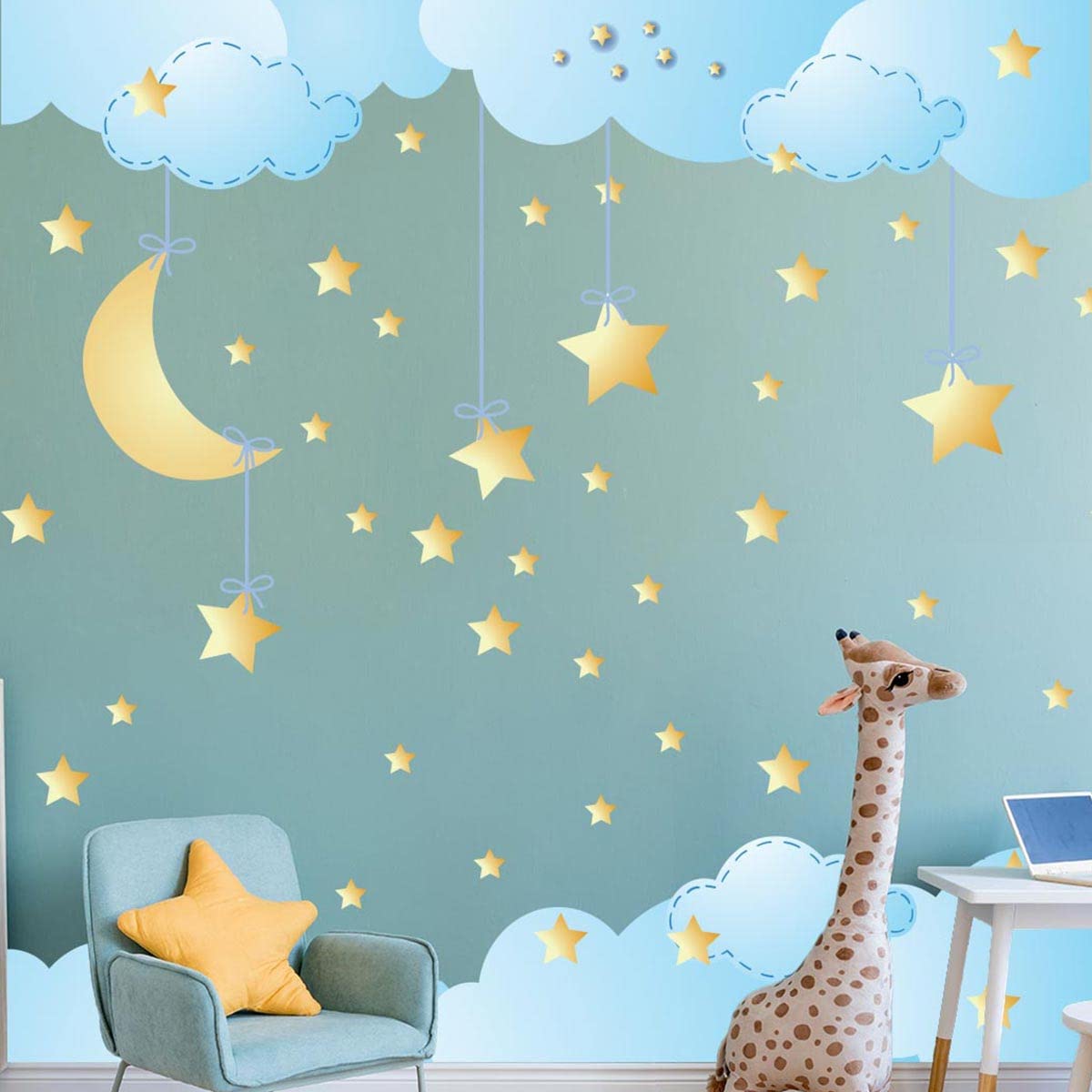 Children's Wall Stickers - Baby Room Decoration - Children's Bedroom Wall Sticker - Stars and Clouds in The Sky - H60 x L90 cm - Image 3