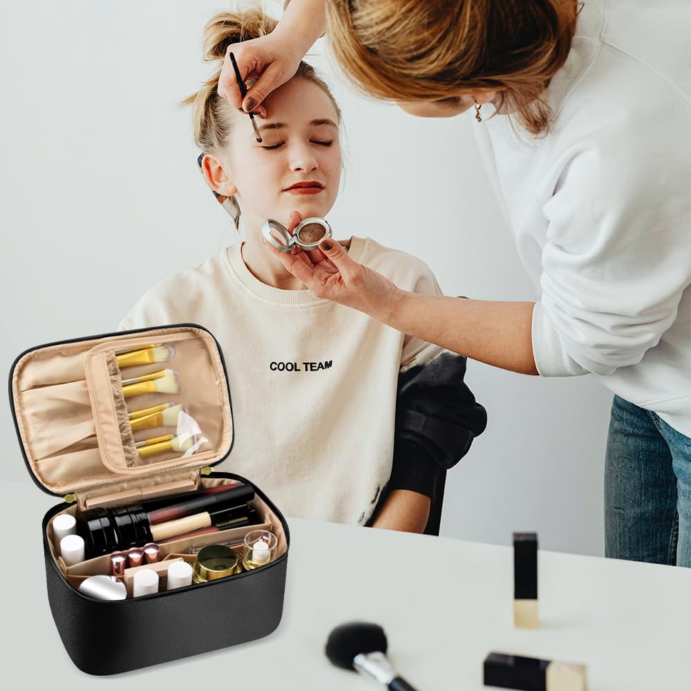 Travel Makeup Bag with Brush Compartment, Large Cosmetic Bags with 12 Pockets, Waterproof PU Leather Makeup Case with Handle - Image 4