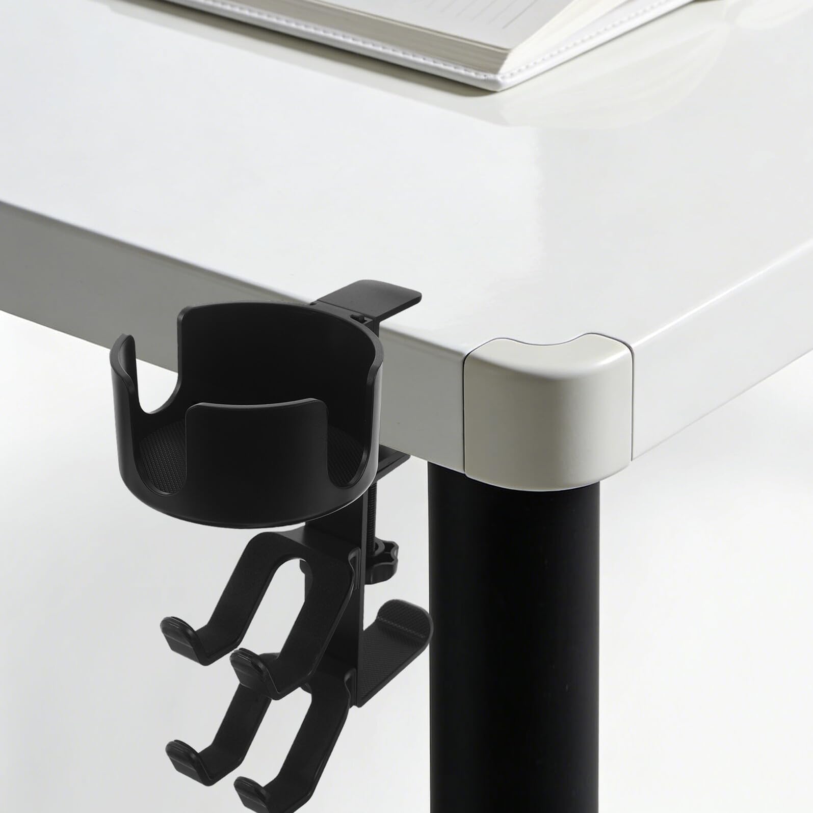 POPETPOP Soporte para Auriculares de Metal Negro Multifuncional con Portavasos Giratorio, Gancho Colgador para Escritorio de Oficina, Organizador Compacto para Controlador y Almacenamiento