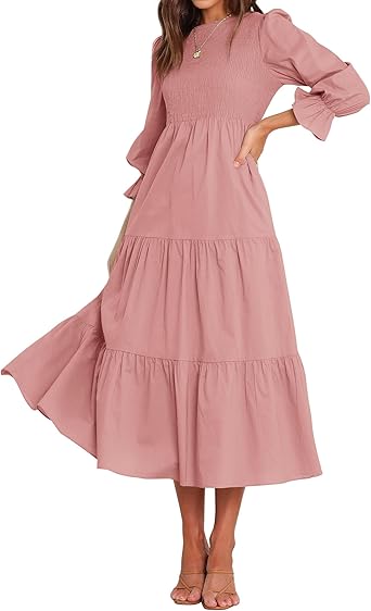 BTFBM Women Casual Long Sleeve Crew Neck Fall Dress Bohemian Relaxed Fit Floral Flowy Maxi Dresses Tiered Cocktail Dress