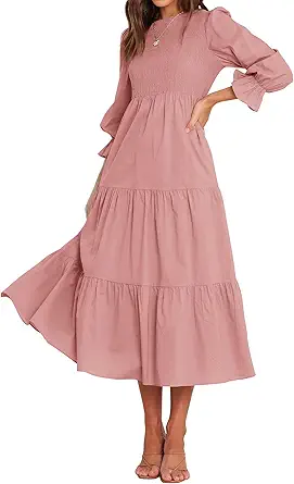 BTFBM Women Casual Long Sleeve Crew Neck Fall Dress Bohemian Relaxed Fit Floral Flowy Maxi Dresses Tiered Cocktail Dress