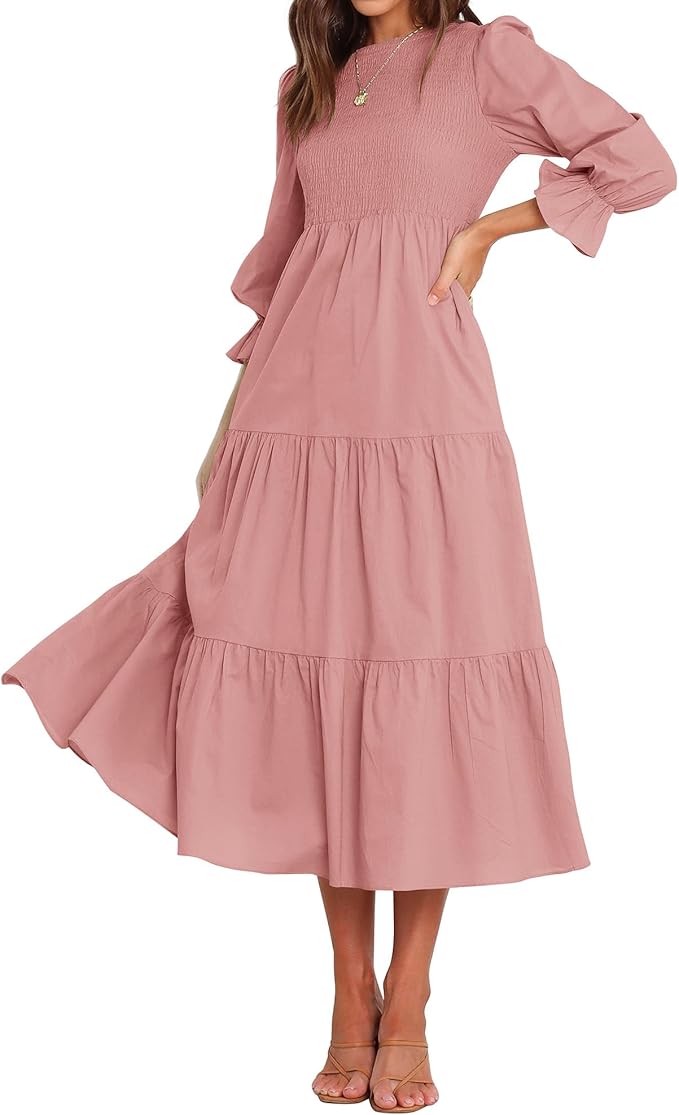 BTFBM Women Casual Long Sleeve Crew Neck Fall Dress Bohemian Relaxed Fit Floral Flowy Maxi Dresses Tiered Cocktail Dress