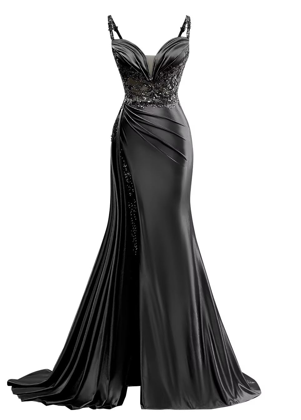 V Neck Satin Prom Dress Long Mermaid Lace Evening Gown with Slit Pleated Bodycon Formal Dress with Tail