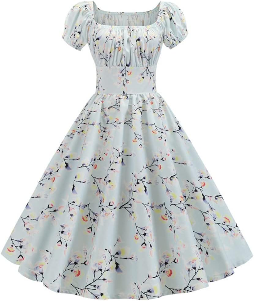 Qwzyp Aラインミディパーティードレスローブシックなロカビリー女性ドレスビンテージ花柄プリント夏パフスリーブエレガント Color Blue Size Mcode 21年最新海外