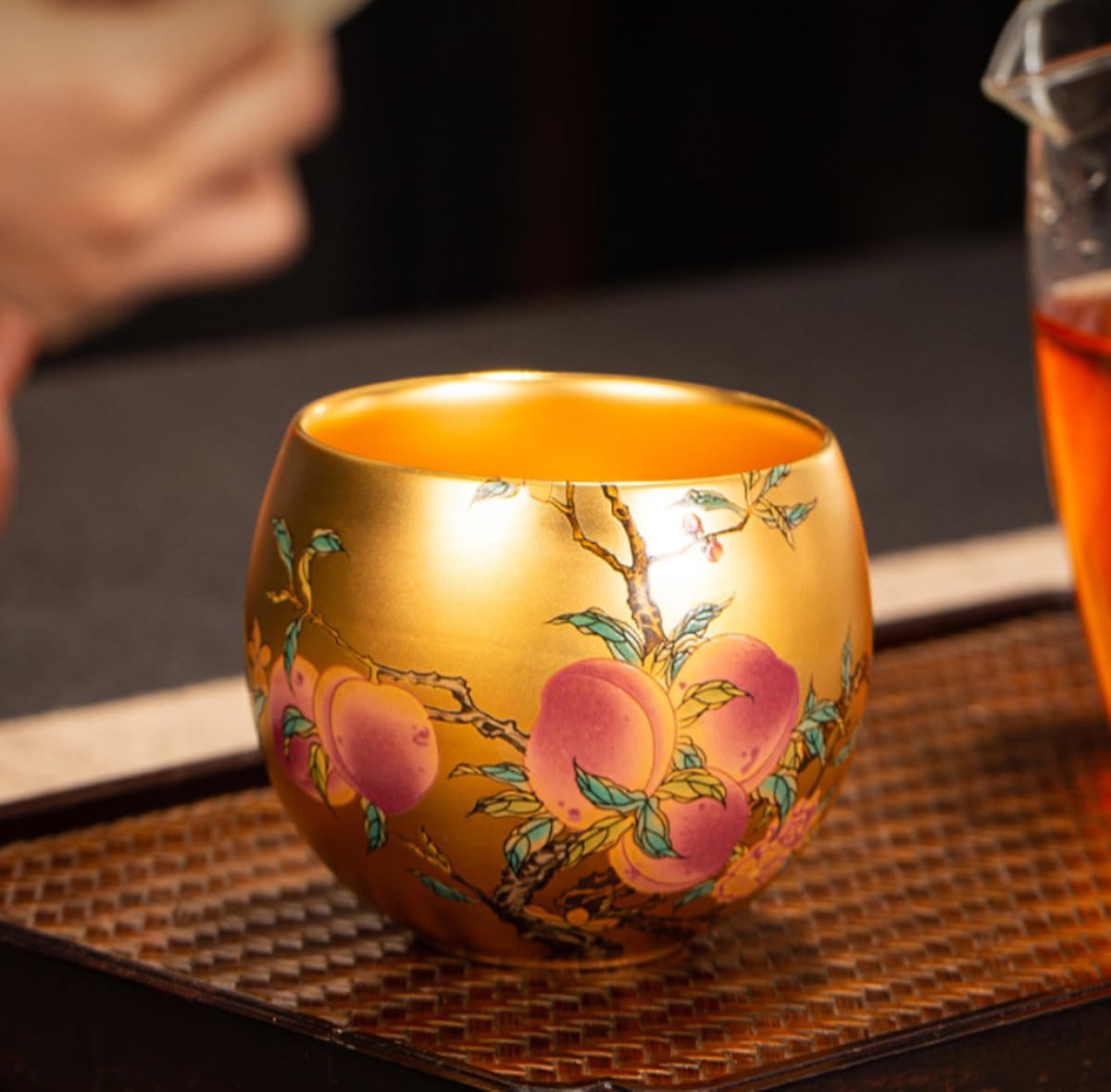 Hand-Painted Nine Peaches Master's Cup - Gilded, Vintage-Style Wellness Tea Bowl, Ceramic, 7.3cm x 6cm