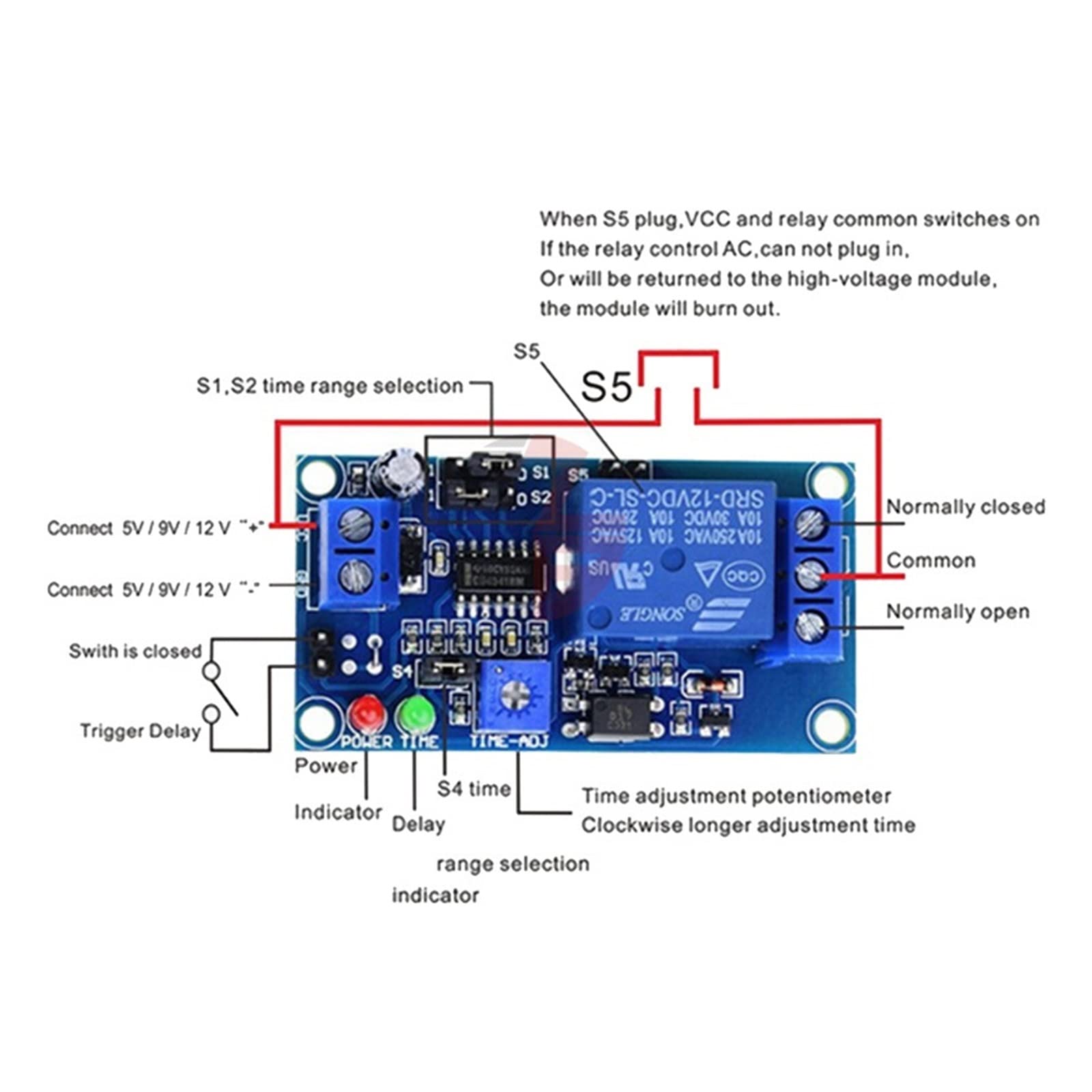 Modulo Relè Temporizzato DC 12V: Normalmente Aperto, Potenziometro Regolabile, LED Indicatore, Per Controllo Temporizzato