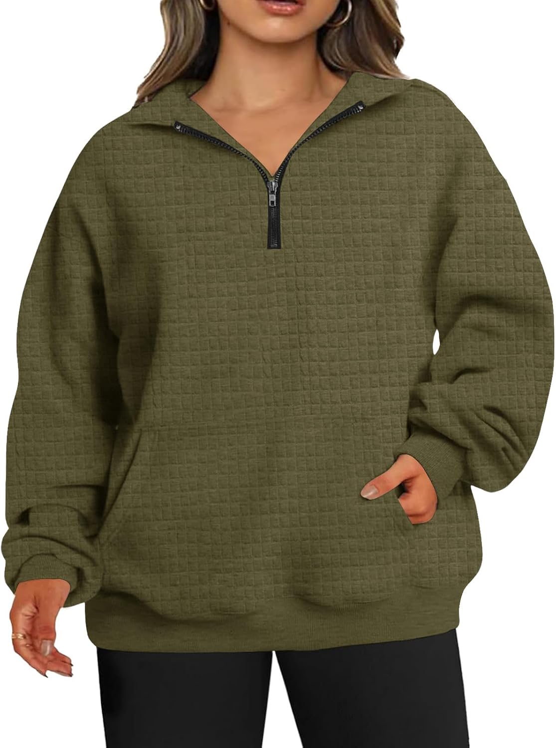 Plus Size Sweatshirts For Women Half Zip Long Sleeve Casual Fall Pockets Pullover Oversized Drop Shoulder Top