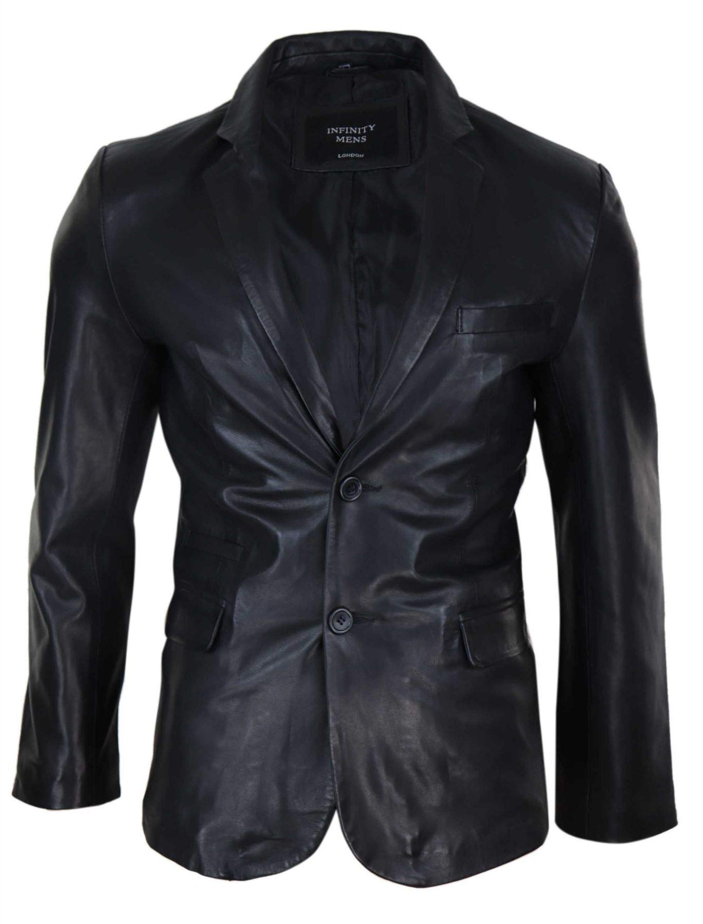 Infinity Leather Men's Black Slim Fit Classic Genuine Leather 2 Button Blazer Jacket Vintage - Xl
