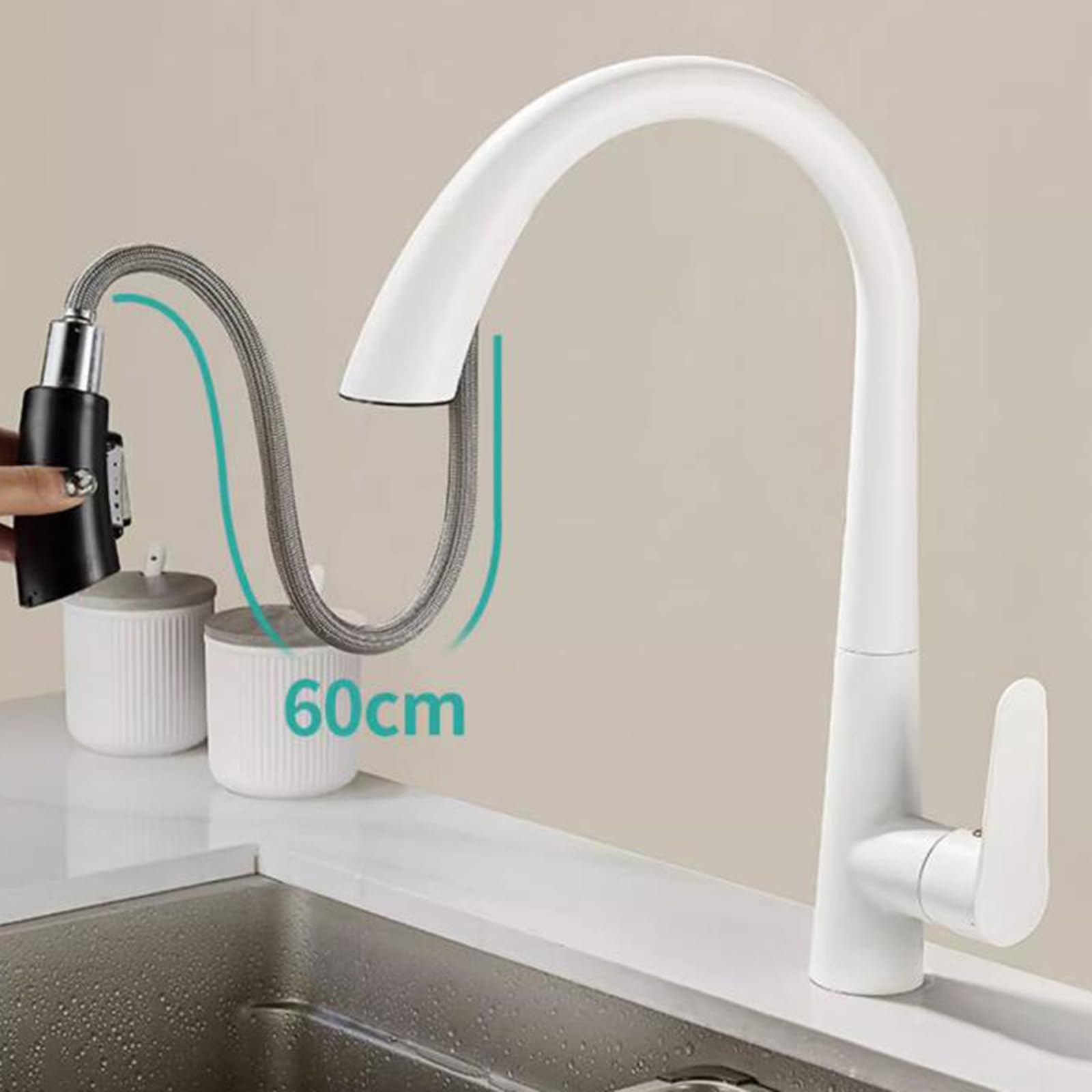 Grifo De Cocina Extraible Con Ducha, Grifo De Cocina Extensible Giratorio A 360°, Latón, Acabado Pulido, Color Blanco
