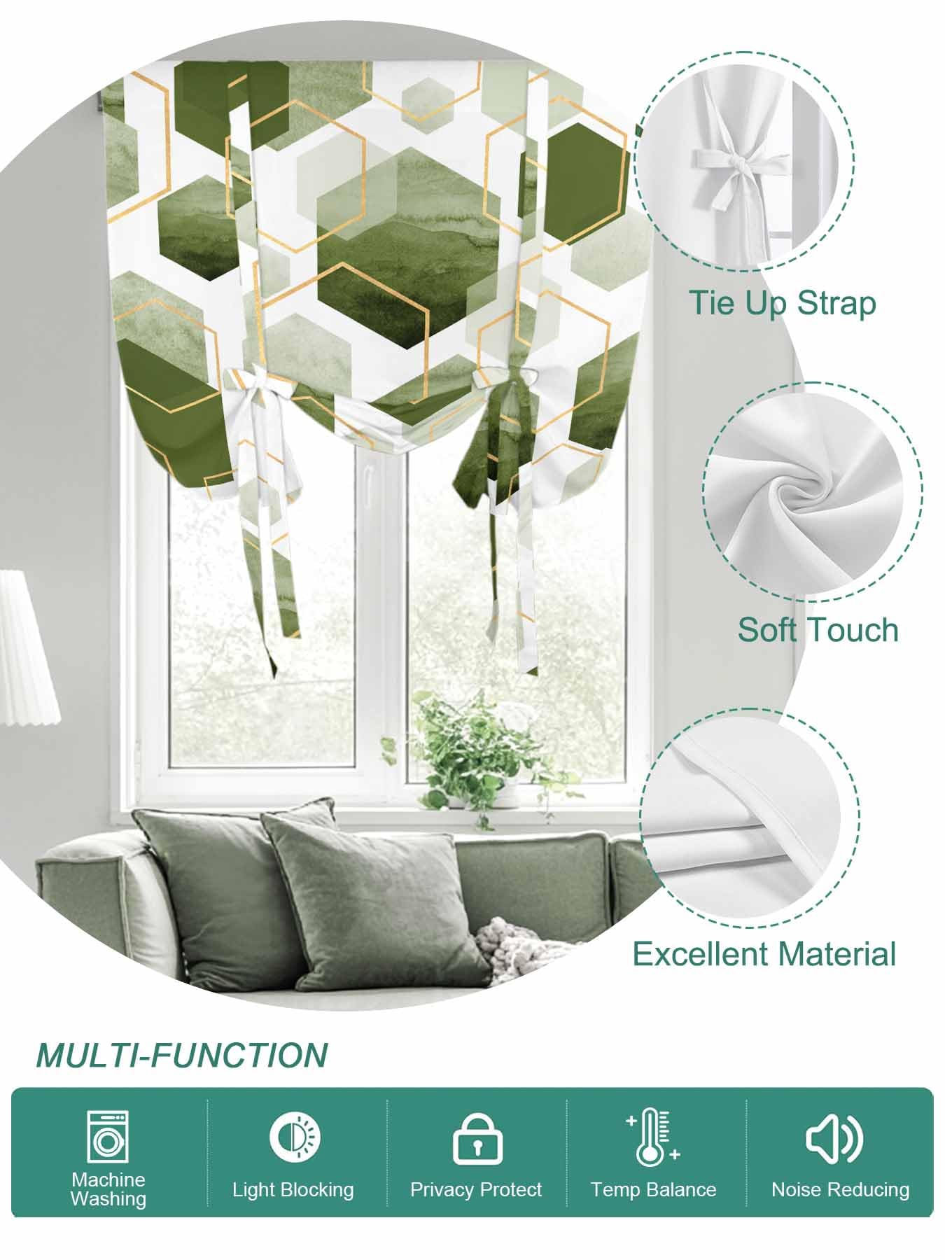 Tie Up Curtains for Windows Sage Green Geometric Roman Shade 52 x 45 Inch Bathroom Curtains Window Gold White Hexagon Modern Rod Pocket Short Balloon Curtains for Living Room Kitchen Small Blinds