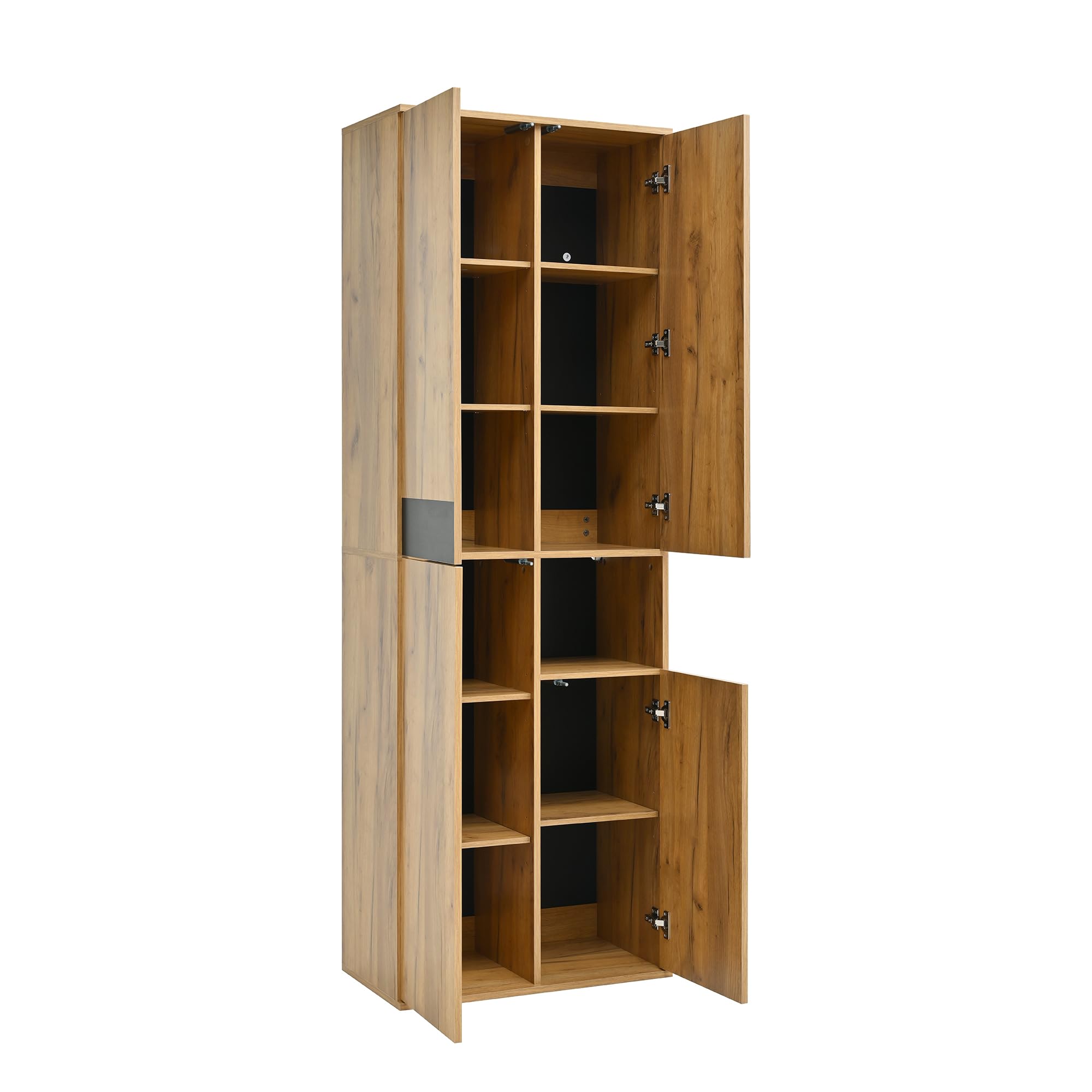 Armario alto con espejo, cuatro puertas y un compartimento de almacenamiento abierto. Negro y natural. Dimensiones: 65 × 35 × 190 cm (ancho x profundidad x alto)