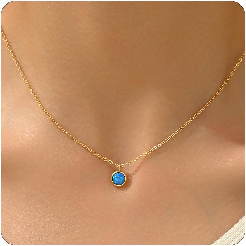 Opal Necklaces for Women Dainty 18K Gold Plated Created Opal Pendant Necklace Simple Round Opal Jewelry Gift