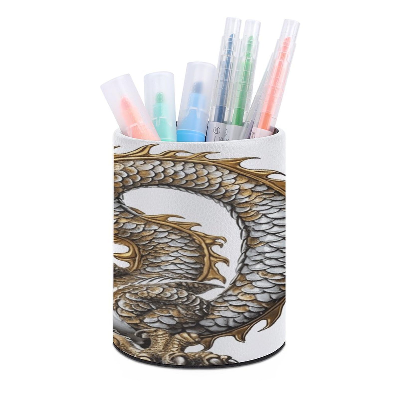 VstaDank Chinese Dragon with Pearl Pen Holder PU Leather Pencil Cup Minimalist Desk Pencil Holder Round Make Up Brush Organizers For Office Dorm Room&Vanity Desk Accessories