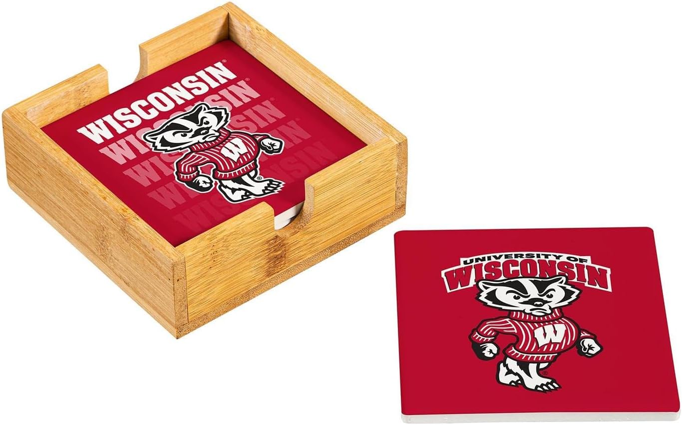 UW-Madison Ceramic Coasters, 4-Pack with Wood Holder by Team Sports America