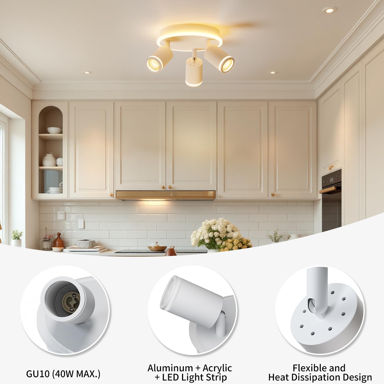 LVWIT LED Ceiling Light 3 Spotlights, White GU10 Ceiling Light, Round Base with Integrated Light Bar - Image 4