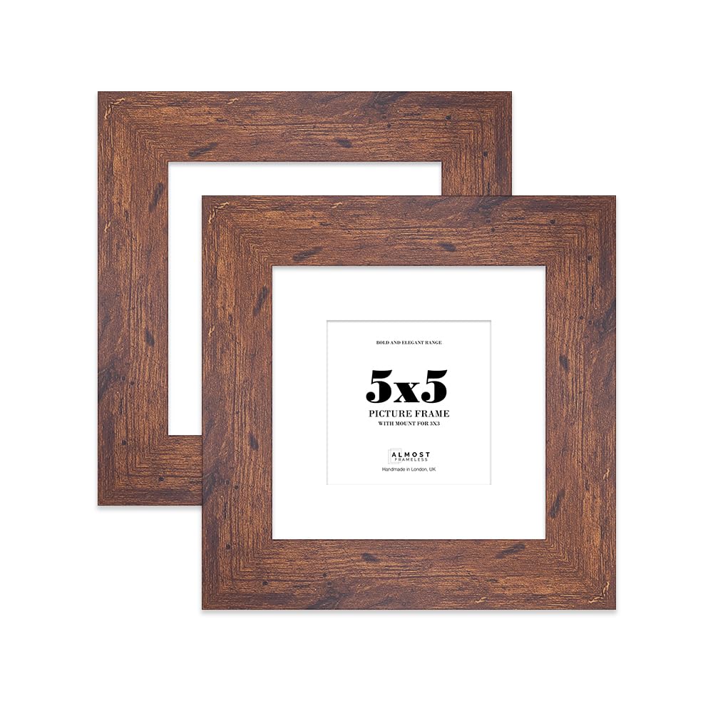 5x5" Rustic Wood Square Frame With Mount for 3x3" Pictures 28mm Edge Frame Display with Wall Hooks and Kickstand, 2 Pack