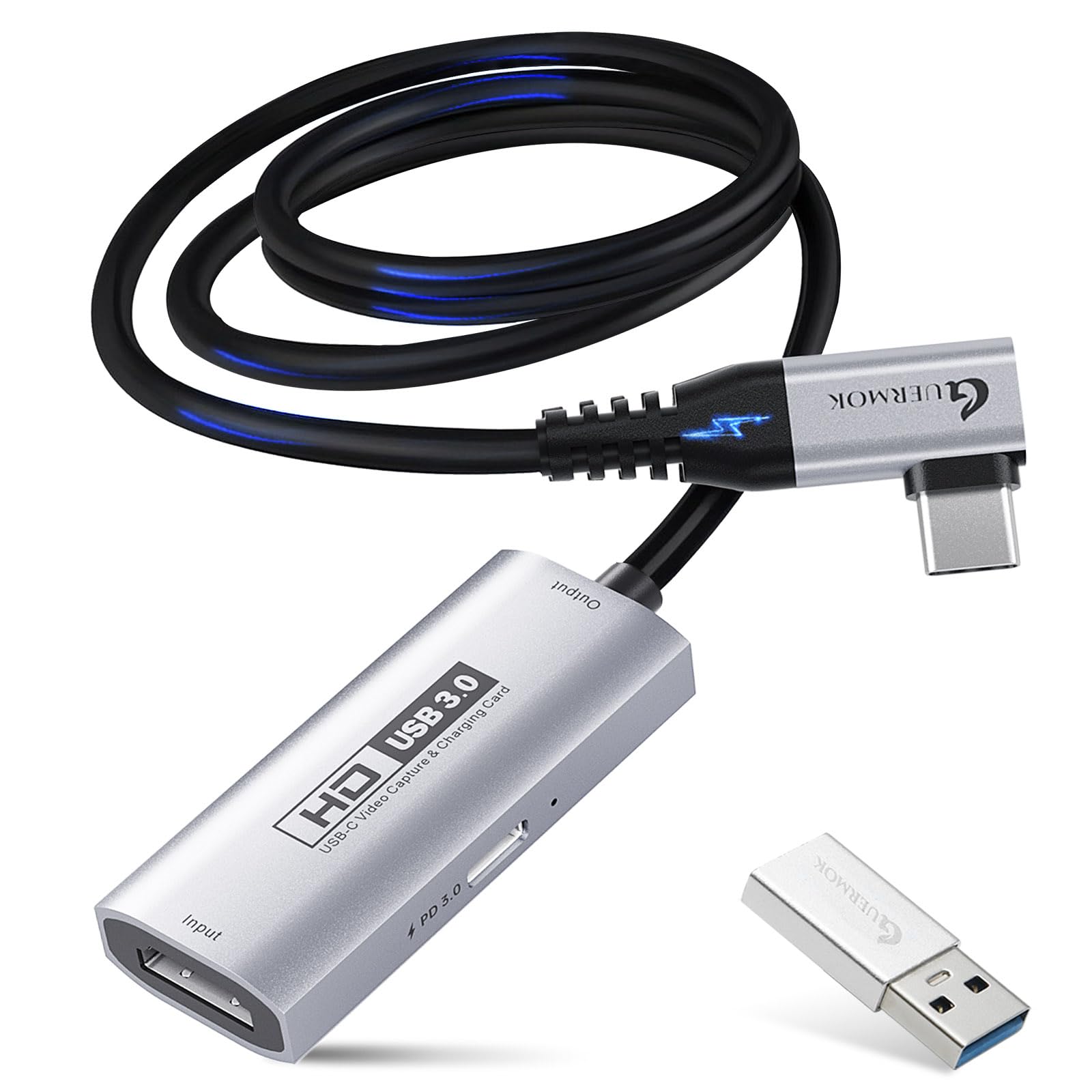 Guermok USB3.0 Video Capture Card for Streaming, PD 100W & 90 Degree USBC & Type C Adapter, 3.3ft 2K@30FPS HDMI to USB A/C Capture Devices for VR/Quest3 /Pad/MacoS/Switch/PS 5/4