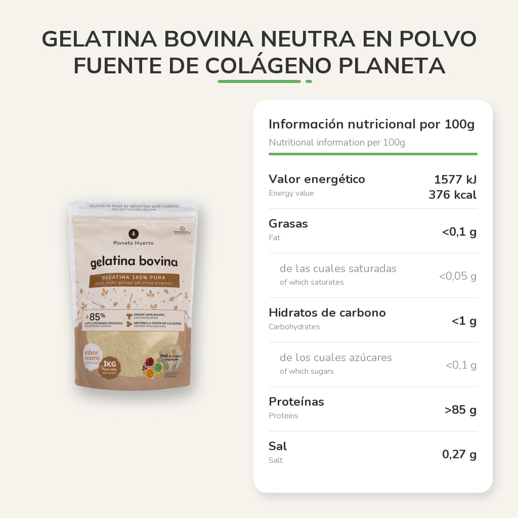 Gelatina bovina neutra in polvere, fonte di collagene, pianeta orto, 1 kg