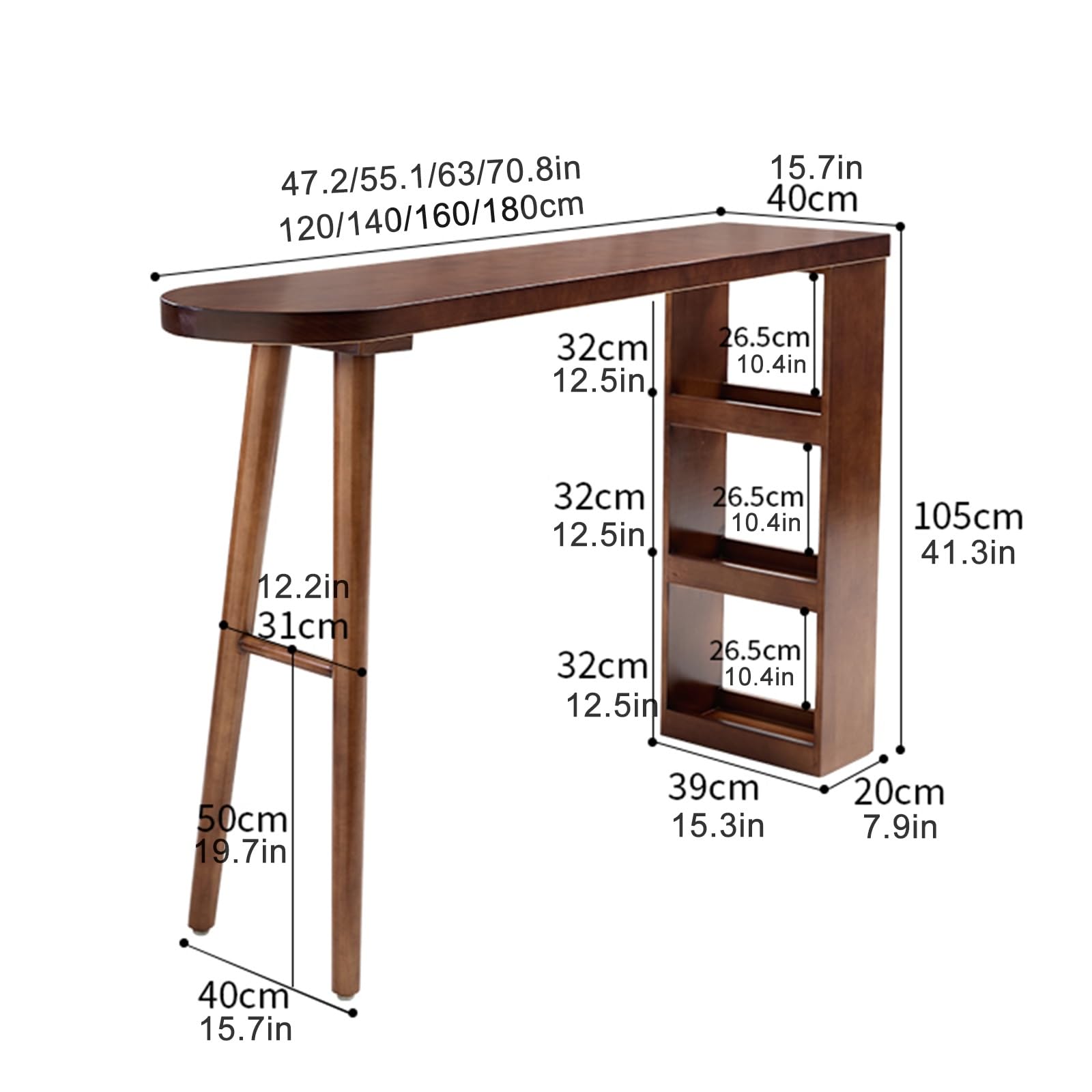 Table de bar en bois massif, table haute et longue avec étagères de rangement, table de bar en bois à hauteur de comptoir avec pieds robustes, pour salon, salle à manger (180 x 40 x 105 cm / 70,8 x