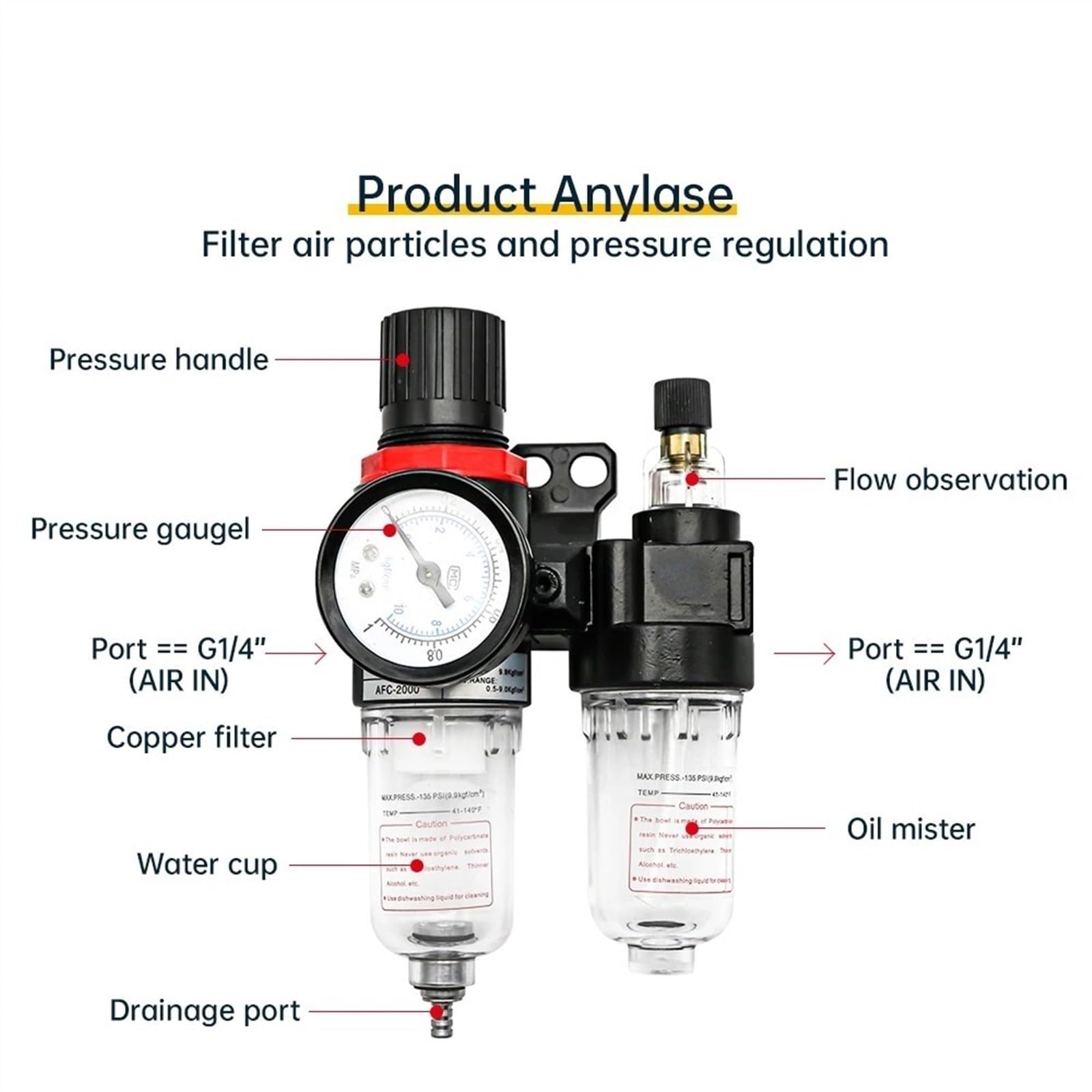 Il filtro 'aria separatore olio e acqua del compressore d'aria AFC2000 AFR2000 + AL2000 G1/4 viene utilizzato for ridurre il regolatore della valvola di pressione(PC 10mm Fitting)