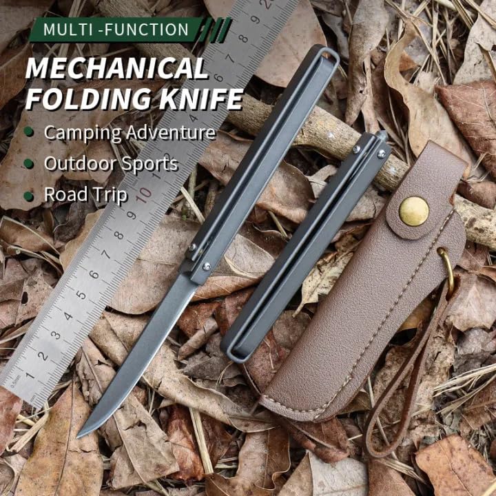 Image of Stainless Steel Folding Knife with Leather Case for Travel, Outdoor. Portable Utility Knives. Camping Pocket Knife. Razor-sharp Blade for Fruit Cutting, Kitchen Use. Survival Tool with Sheath