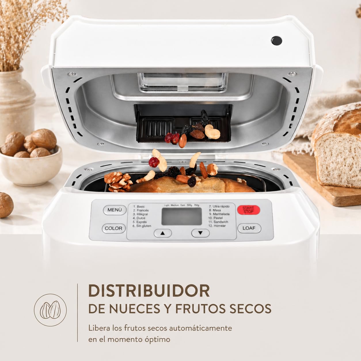 Kitchen in the box Panificadora de Pan Sin Gluten, 900g, 12 Programas, 3 Niveles de Tostado, Dispensador Extraíble, Libre de Amasar, Tapa Visor y Fácil Limpieza, Máquina de Pan Ideal Casero Saludable