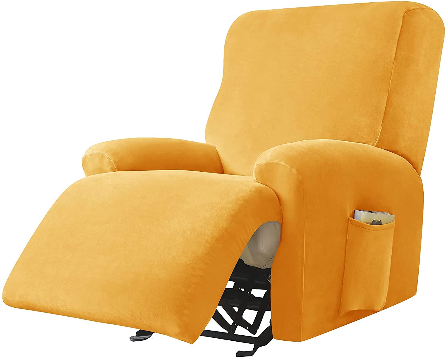 4-teilige Samt Ruhesessel Bezüge, Soft Velvet Plush Couchbezug Stilvolle Luxus-Möbelbezüge Anti-Rutsch-High Stretch Relaxsessel Bezüge Mit Elastischem Boden (Gold)