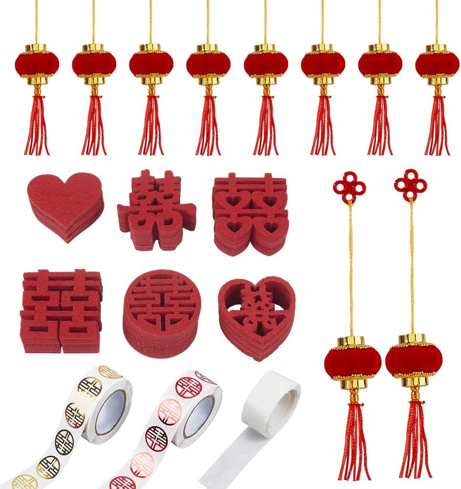 AHANDMAKER Traditional Chinese Wedding Decoration Set, 260Pcs 6 Styles Mini Double Happiness Confetti 2 Rolls Wedding Favor Sealing Stickers 10Pcs Red Hanging Lanterns for New House Layout