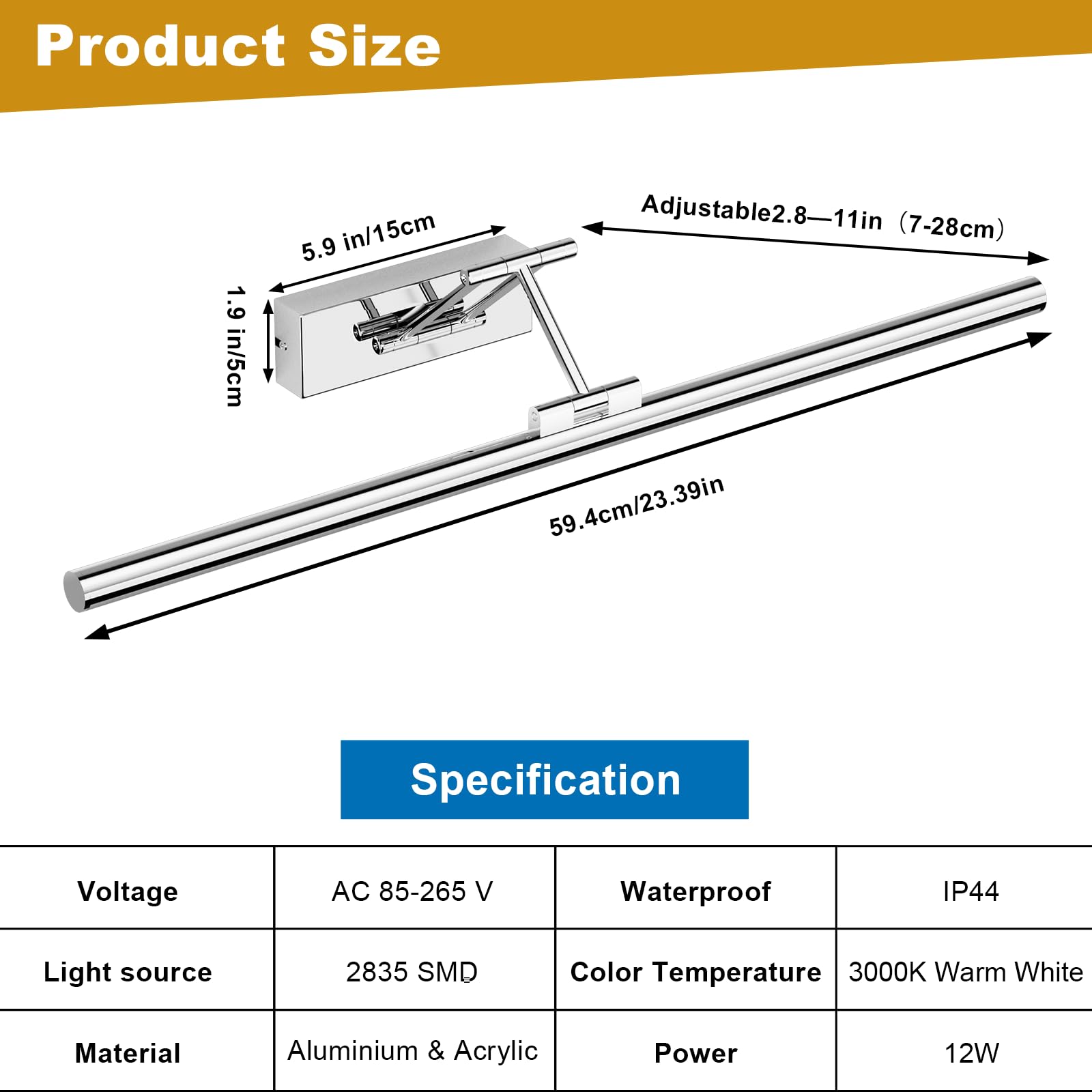 Klighten LED Lámpara de Espejo LED 60cm, Luz LED para espejo 20W 1500 LM,Lamparas Espejo Giratorias para Baño IP44,Aplique de Espejo de Baño,Blanco cálido 3000K,Chrome