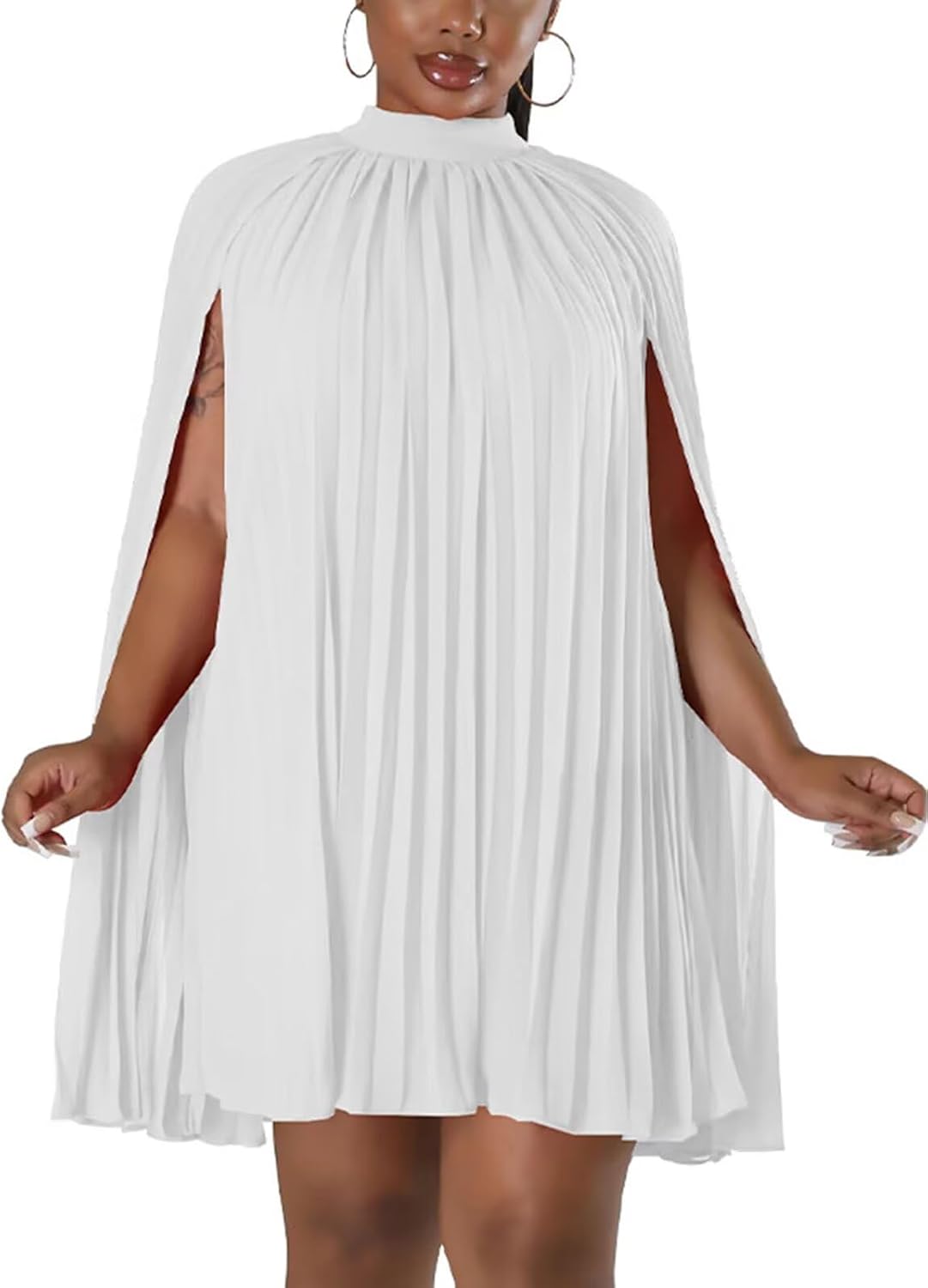 Women’s Casual Cape Sleeve Pleated Split Short Dress Loose Fit Cocktail Party Flowy Dress