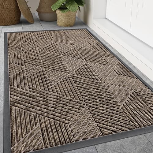 Image of Smiry Front Door Mat Outside Entrance, Heavy Duty Sturdy Natural Rubber Doormat, Trap Dirt and Moisture, Easy Clean Low Profile Mats for Indoor Outdoor Entry, Irregular Triangle (59x20, Brown)