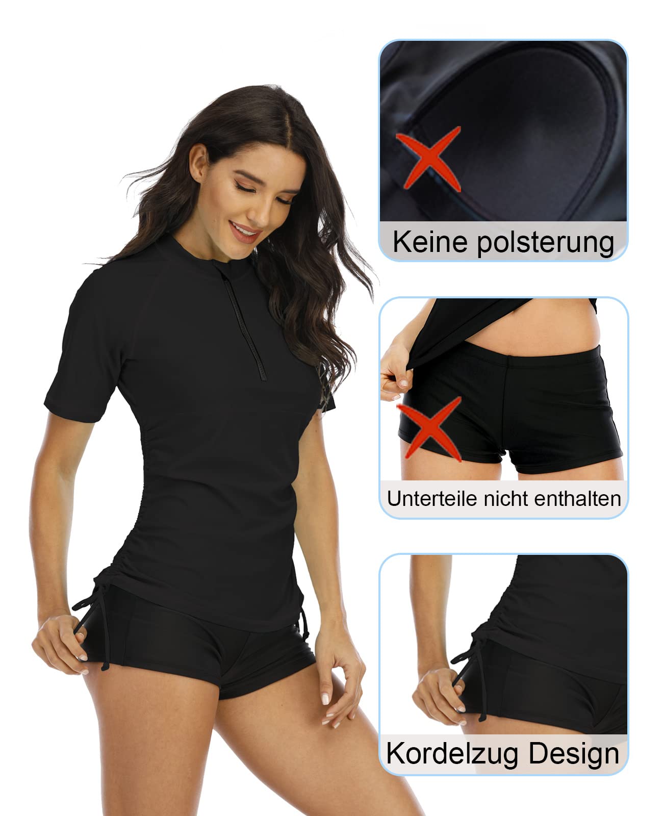 Halcurt UV Shirt Damen Kurzarm Rash Guard 1/4 Zip UPF 50+ Badeshirt Bademode Schnell Trocknender Schwimmshirt Tankini S-XXL