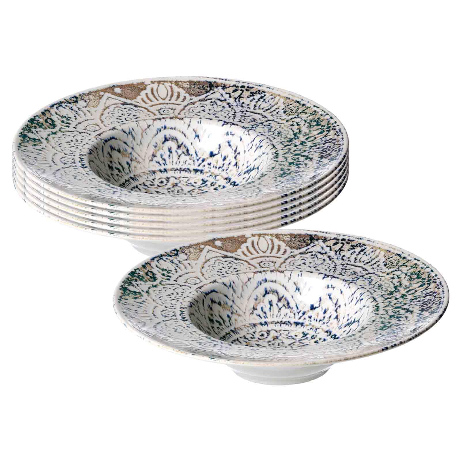 Ritzenhoff & Breker Luigi Gourmetteller-Set 6-teilig | Tiefe Pastateller & Servierschalen Ø 28 cm | Hochwertiges Steinzeug-Geschirr mit orientalischem Fliesen-Muster