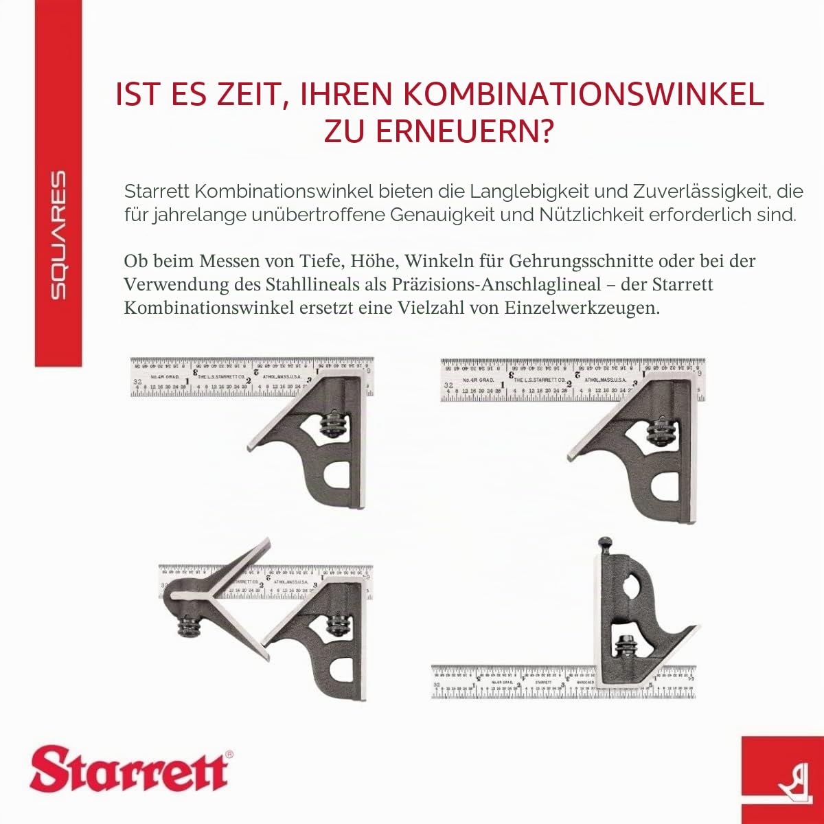 Starrett Stahl-Kombinationswinkel mit quadratischem Kopf – 30,5 cm Klingenlänge, Gusseisenkopf, gehärteter Stahl, umkehrbare Schlossschraube, Anreißer, 4R-Graduierungstyp – C11H-12-4R