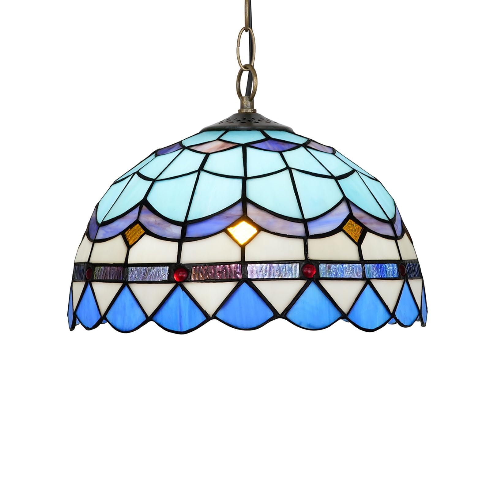 HJRegaFimu 12 Inches Lamp Stained Glass Ceiling Pendant Light Vintage Deco Blue Feather Hanging Chandelier For Bedroom Kitchen Island Dining Living Room Corridor